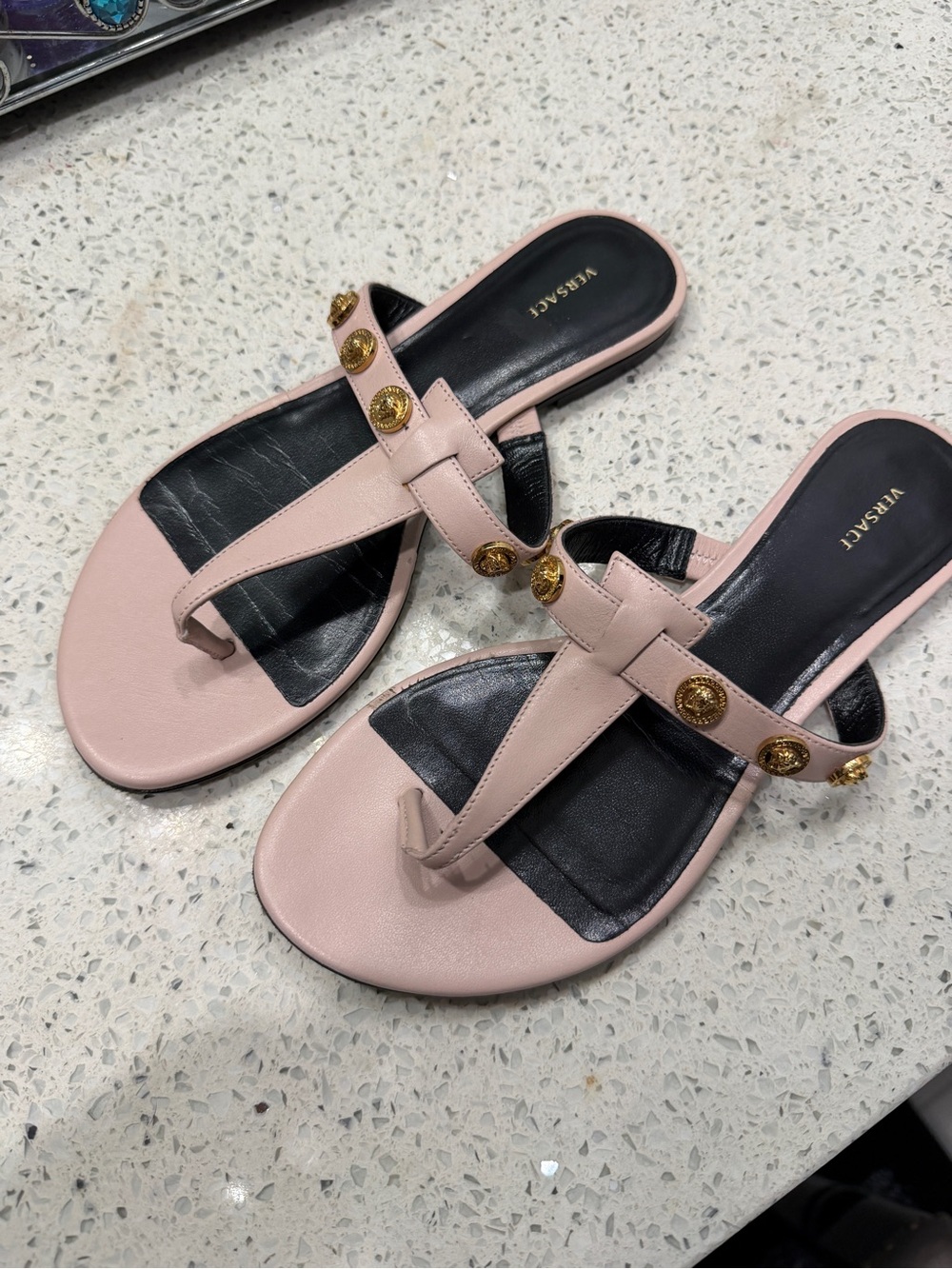 Versace Pink Leather Gold Medallion Thong Sandals